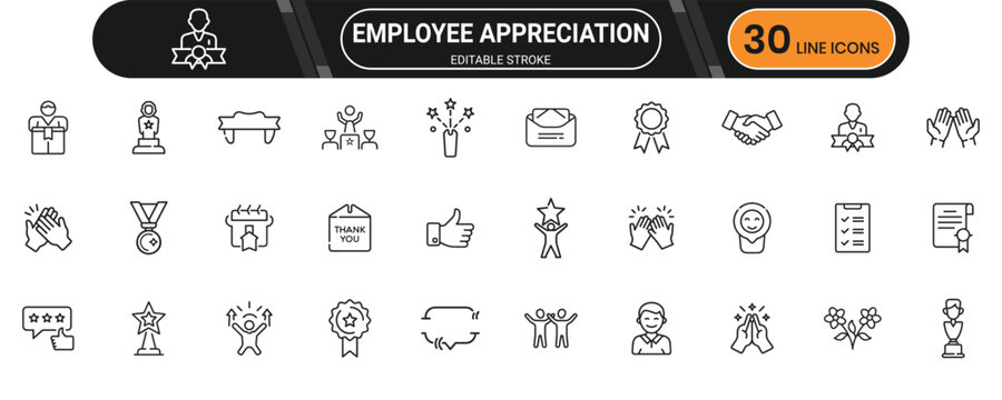 Employee appreciation icon set in linear design showing recognition, thank you, reward, motivation, and team value elements - Powered by Adobe