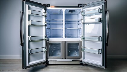 empty stainless steel refrigerator open door photo
