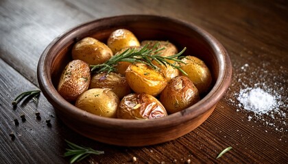 pommes de terre roties au four servies dans un plat rustique avec romarin frais sel et poivre sur table en bois