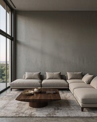 Spacious living room with gray background