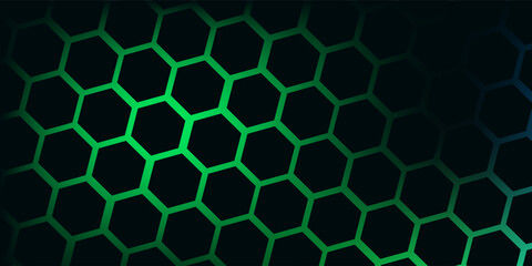 Dark hexagon abstract technology background with blue and green colored bright flashes under hexagon. Hexagonal gaming vector tech illustration black abstract background.