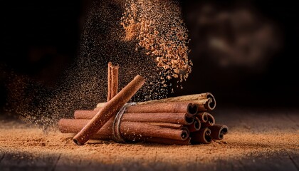 cinnamon sticks falling spice explosion brown warmth