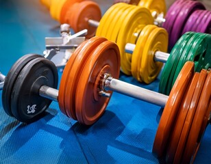 brightly colored gym tools like weights and barbells great for all kinds of workouts to build strength and get in shape
