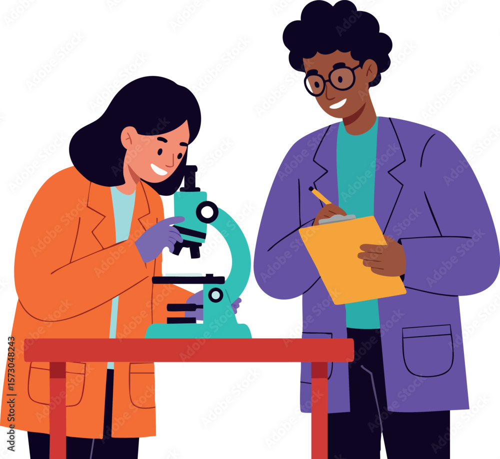 Poster scientists working together using microscope in laboratory for research and analysis vector illustra