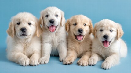 Adorable line of three golden retriever puppies sitting together on a soft blue background for a heartwarming scene
