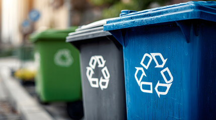 Three Recycling Bins Outdoors on a Rainy Day