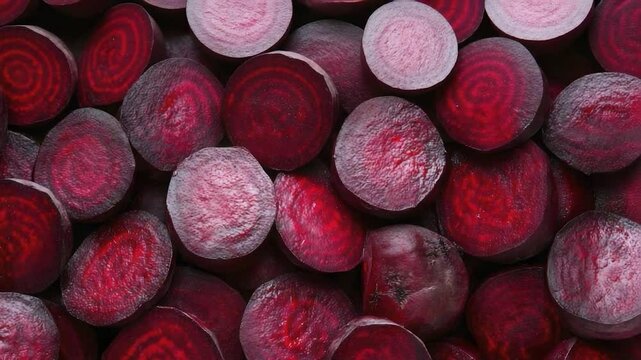 Close-up of sliced beetroots, showcasing their vibrant red color and intricate texture.
