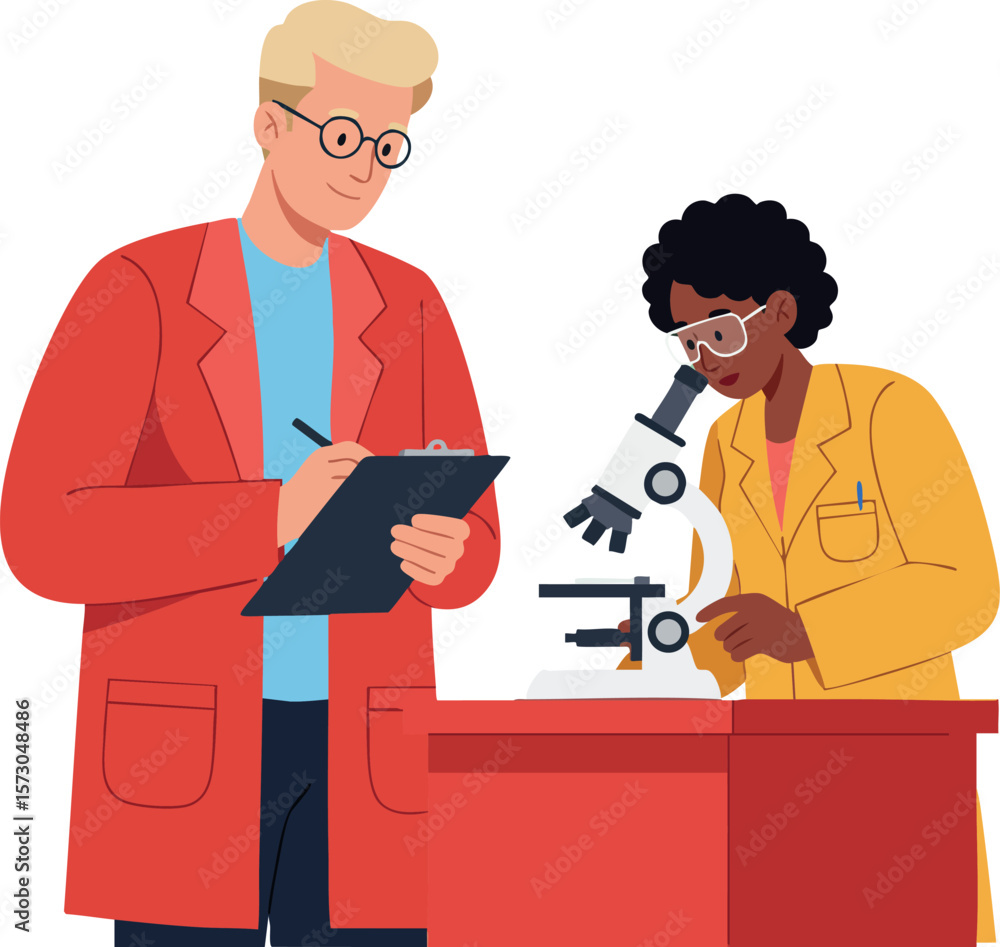 Poster scientists working in laboratory with microscope and clipboard conducting research vector illustrati