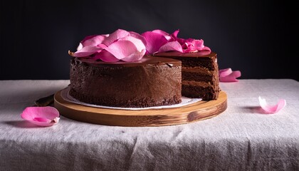 gateau au chocolat nappe et fleuri sur plateau en bois avec tranches visibles decore de petales roses sur fond sombre elegant