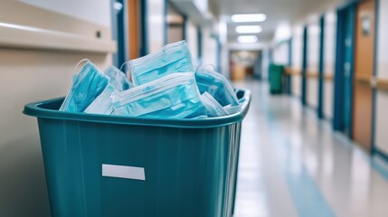 Discarded Medical Masks in a Hospital Hallway Waste Bin Highlighting Hygiene Challenges in Healthcare Settings and the Importance of Proper Waste Management Practices