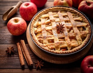 tarte aux pommes maison sur planche en bois avec batons de cannelle anis etoile et pommes entieres ambiance automnale rustique