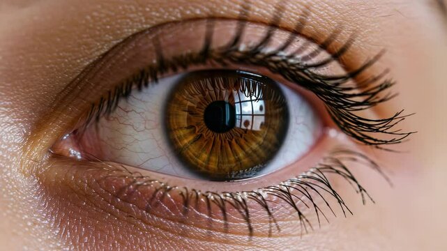 A closeup reveals the intricate details of a hazel eye, complete with long lashes and subtle reflections