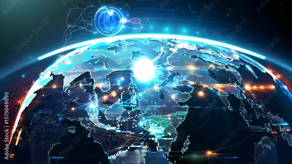 Poster blue globe with a network of lines connecting it. the globe is lit up with red and blue lights