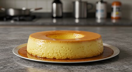 Close-up of pudding in natural light on a granite countertop, background with blurred kitchen items reinforces the real-life concept