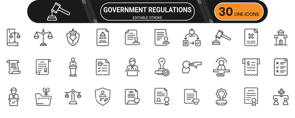 Government regulations icon pack with rules, authority, compliance, legal documents, enforcement, and administrative visuals