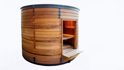 sauna exterieur en forme de baril en bois massif avec bancs interieurs visibles structure rustique sur fond blanc espace negatif copyspace