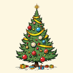 Christmas tree decorated with ornaments and gifts on light background  