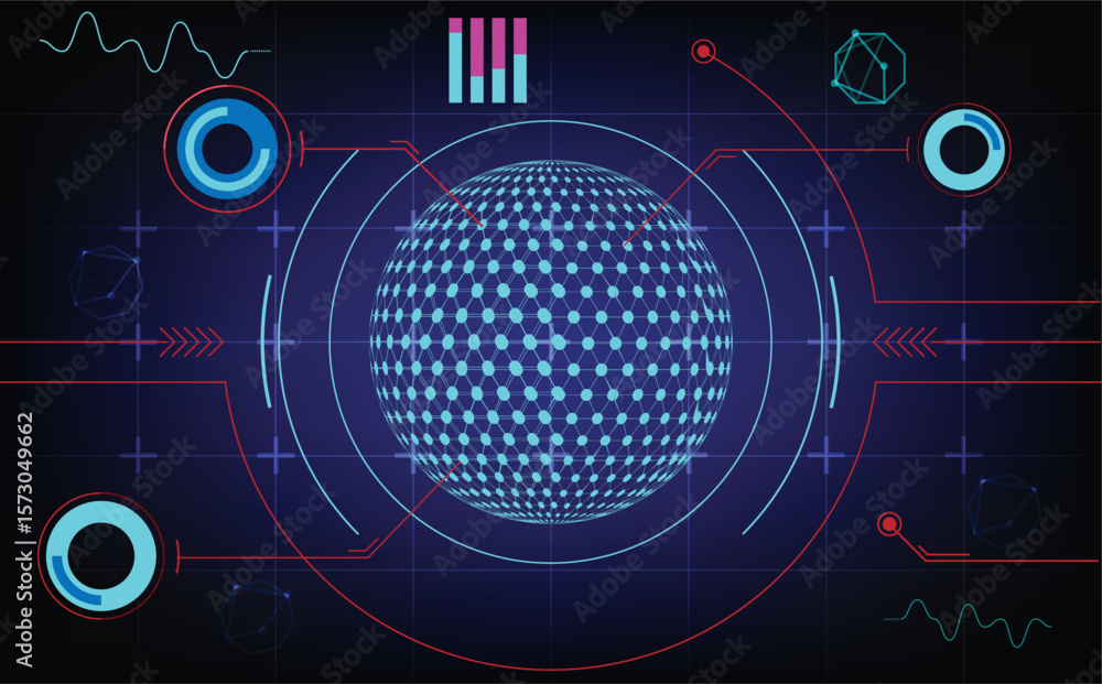 Poster futuristic digital sphere with glowing nodes and global connection lines on cyberspace background, r