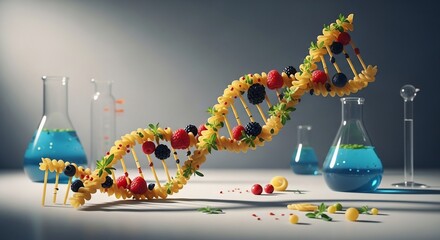 Creative DNA Model: Pasta, Berries, and Lab Beakers in Science Setting