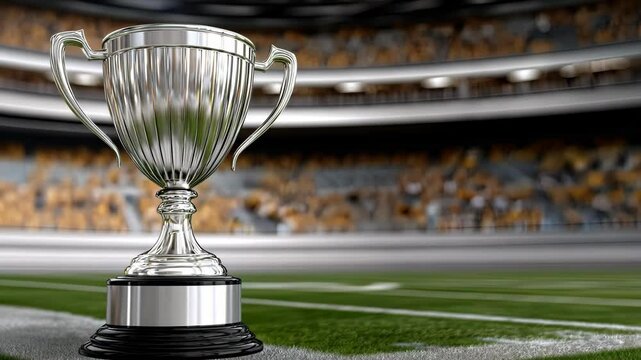 Celebration of victory at an impressive stadium featuring a gleaming trophy during a thrilling championship event