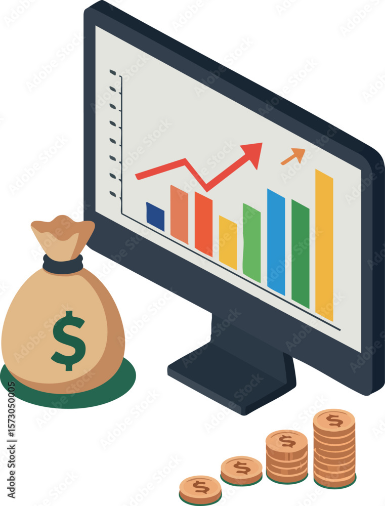 Poster financial growth concept with computer monitor showing colorful bar chart and money bag with stacked