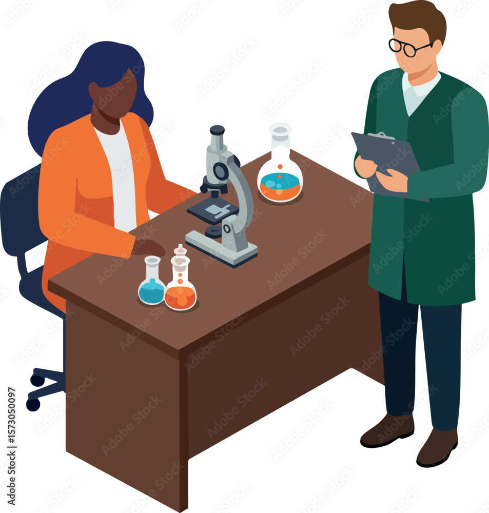 Poster scientists working with microscope and chemical flasks in laboratory research environment vector ill