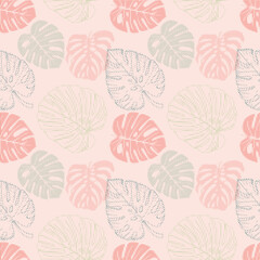 Halftone bitmap effect tropical leaves seamless pattern background