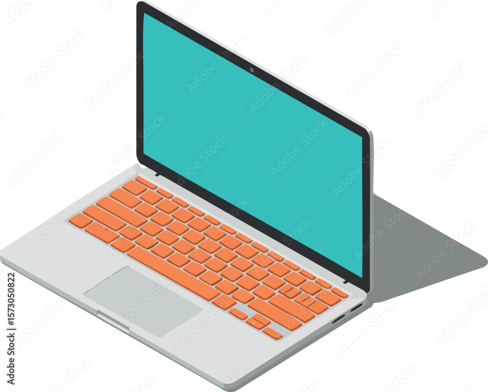 Poster laptop computer with turquoise screen and orange keyboard isometric vector design illustration techn