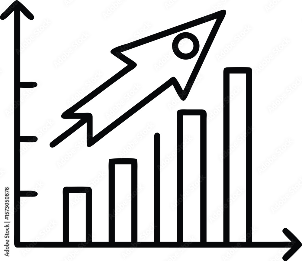 Poster clean line art icon of a business graph with a rocket ascending