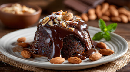 National Chocolate Pudding Day, a plate of chocolate pudding with melted chocolate sauce and roasted almonds on the side. In the kitchen background, looks delicious.