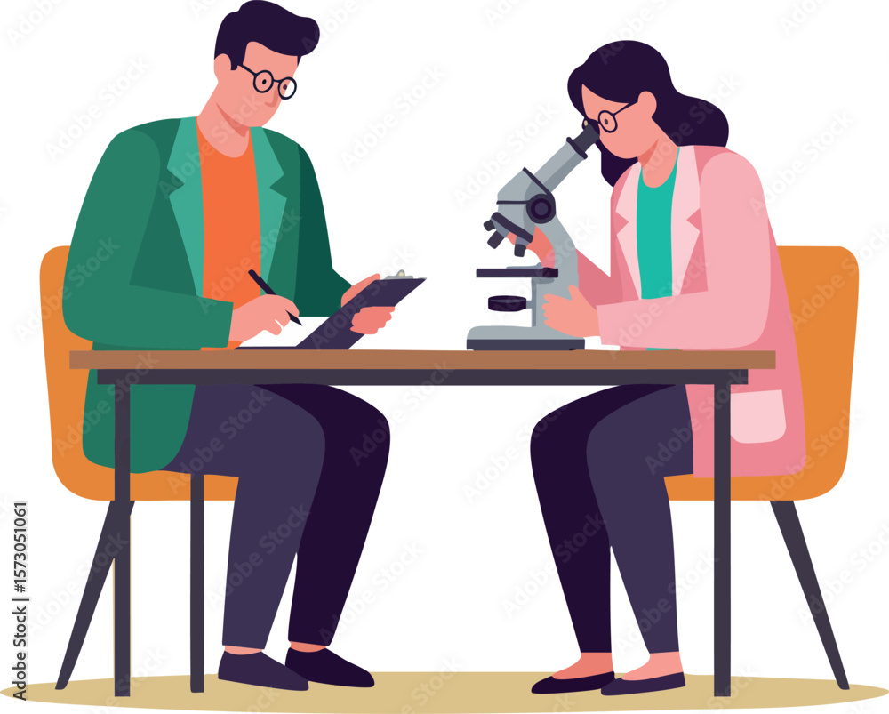 Poster scientists working with microscope and taking notes in laboratory setting vector illustration