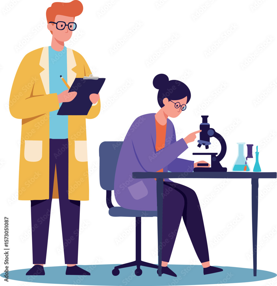 Poster scientists working in laboratory research with microscope and notes vector illustration in modern st