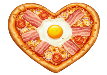 Delicious heart shaped pizza with fried egg bacon and tomato isolated on transparent background