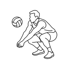 Fototapeta premium Black and white outline image of a volleyball player in a low position to receive the ball. Line illustration demonstrates the athlete's concentration, technique and readiness for the game