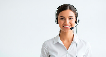 Friendly Support: Smiling woman with headset, ready to assist. Dedicated customer service representative offering helpful assistance.