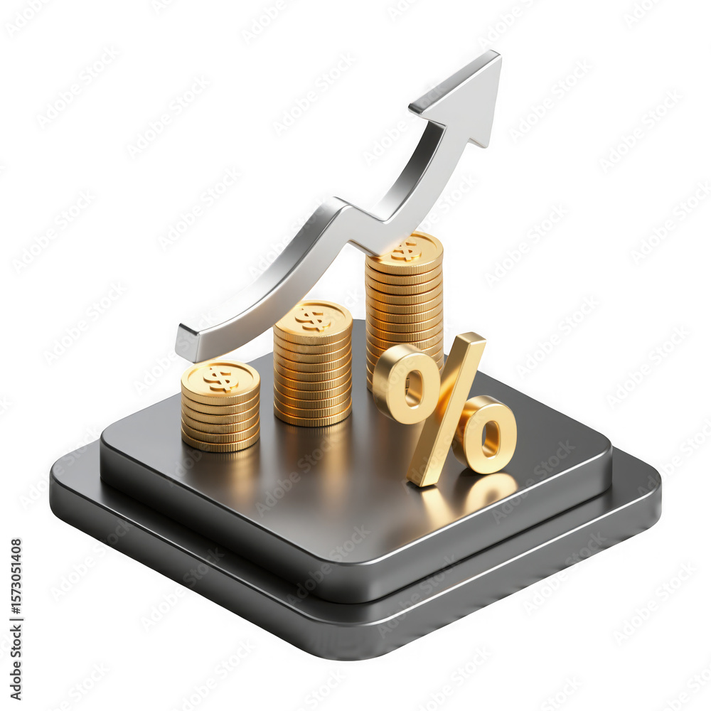 Poster golden coins stacked with a silver upward arrow and percentage symbol on a metallic platform isolate