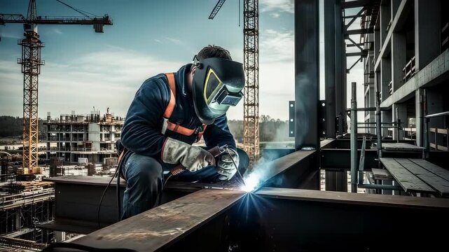 Construction welder wearing safety equipment joining steel beams at height using mig welding technique on building site with crane in background