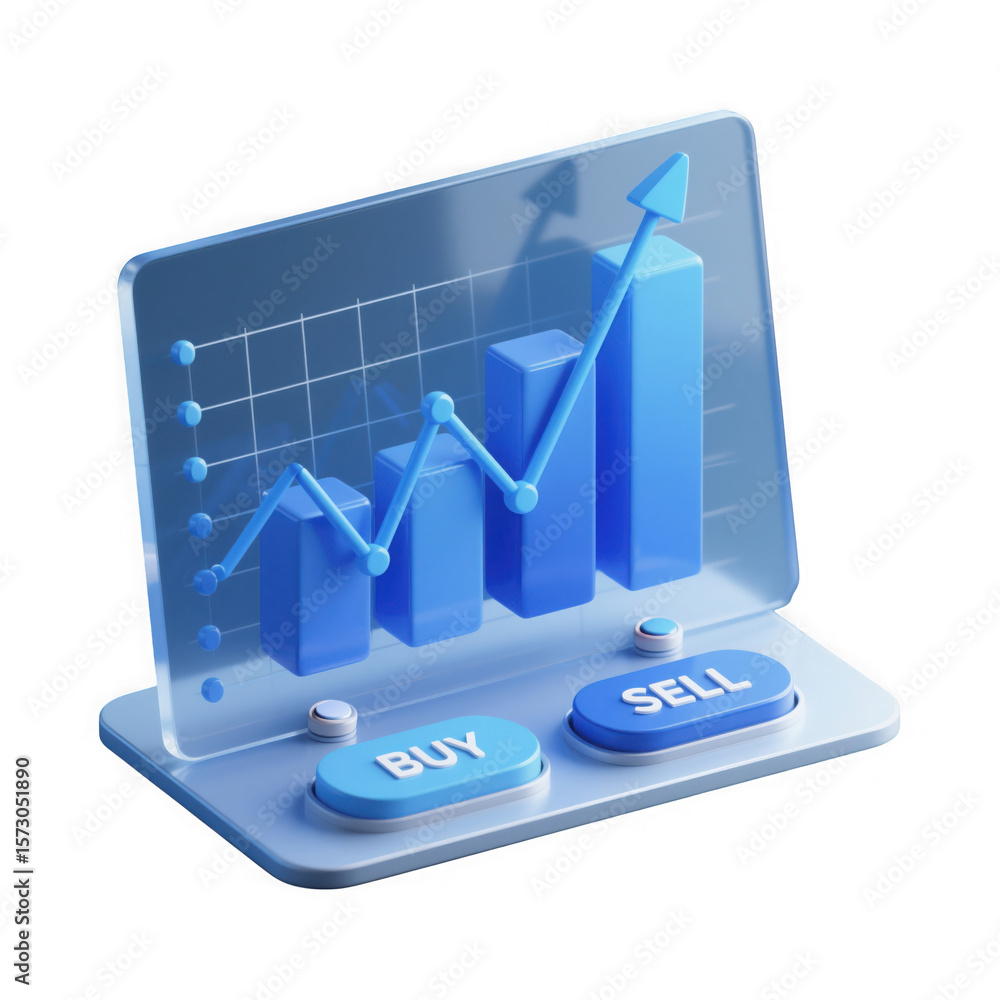 Poster 3d illustration of a financial trading interface with a rising bar graph buy and sell buttons and a 