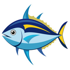 Cartoon Tuna Fish Illustration with Blue and Yellow Coloring Featuring a Streamlined Body Sharp Fins and a Distinctive Yellow Stripe Isolated on a White Background