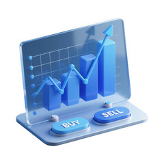 3d illustration of a financial trading interface with a rising bar graph buy and sell buttons and a transparent screen isolated on transparent background