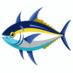 Colorful Cartoon Tuna Fish Illustration with Blue Yellow and White Markings Isolated on a White Background Depicting a Generic Tuna with Stylized Fins and Markings