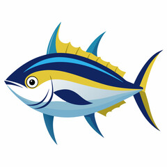 A vibrant cartoon illustration of a tuna fish showcasing its distinctive blue and yellow coloration sleek body shape and prominent fins against a clean white