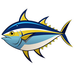 Cartoon Illustration of a Yellowfin Tuna Fish with Blue and Yellow Markings Isolated on a White Background Perfect for Educational Materials or Seafood Related Designs
