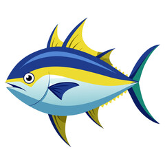 A vibrant cartoon illustration of a Yellowfin Tuna showcasing its distinctive blue and yellow coloration sleek body shape and prominent fins against a clean white
