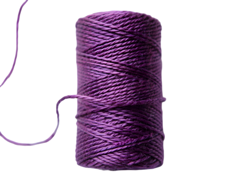 Large spool of purple twine coiled neatly in a pattern against a plain background, detailed texture of cord fibers in vibrant color, PNG file isolated on transparent background,