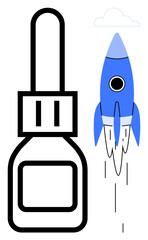 Blue rocket soaring beside outlined eyedropper, combining creative and practical problem-solving. Ideal for innovation, solutions, speed, technology, medicine, invention, and progress in a simple