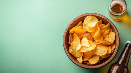 Potato chips in a wooden bowl with beer on green background.