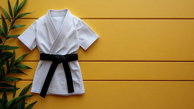 Karate gi with black belt on yellow background, green plant accent.