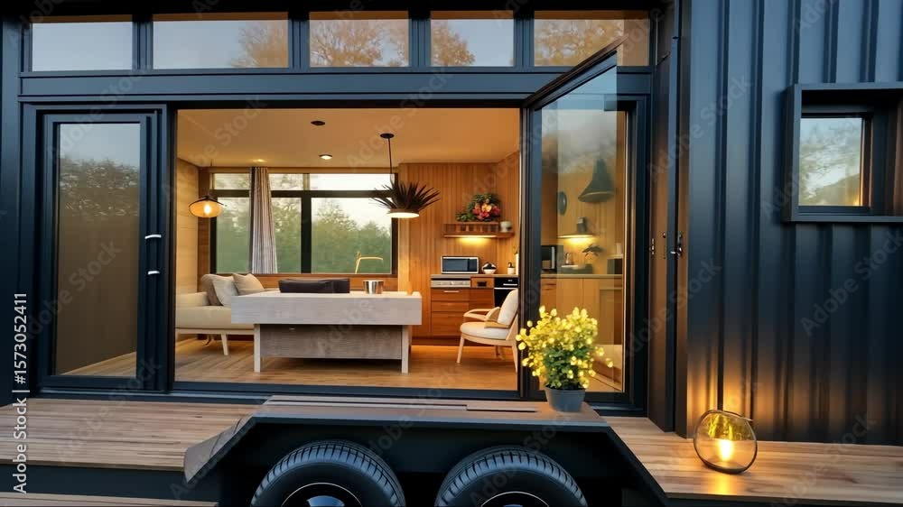 Poster a tiny house with a compact design and efficient use of space, perfect for minimalist living in a se