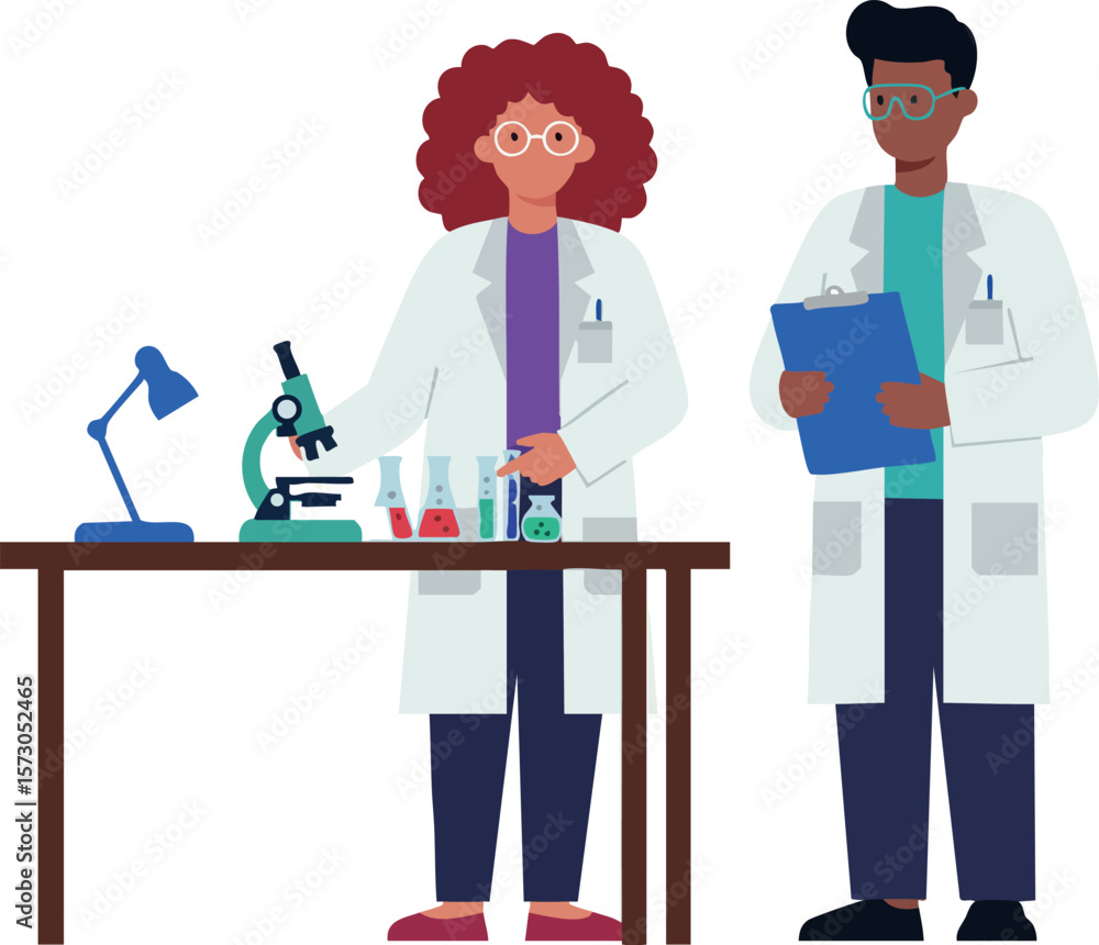 Poster scientists working in laboratory with microscope and test tubes conducting experiments vector illust